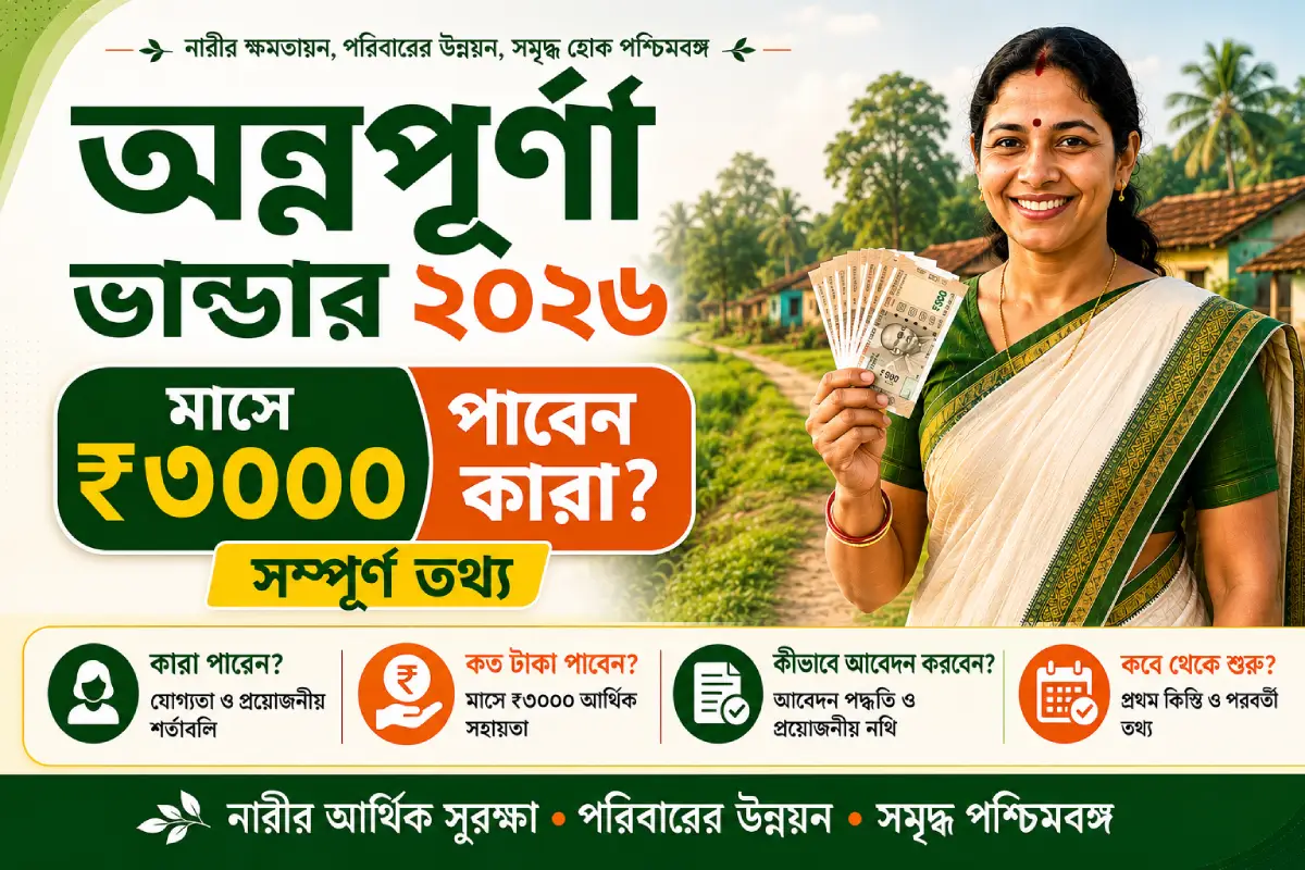 অন্নপূর্ণা ভান্ডার ২০২৬ প্রকল্পের আবেদন পদ্ধতি এবং ৩০০০ টাকা পাওয়ার যোগ্যতা সংক্রান্ত তথ্যচিত্র।